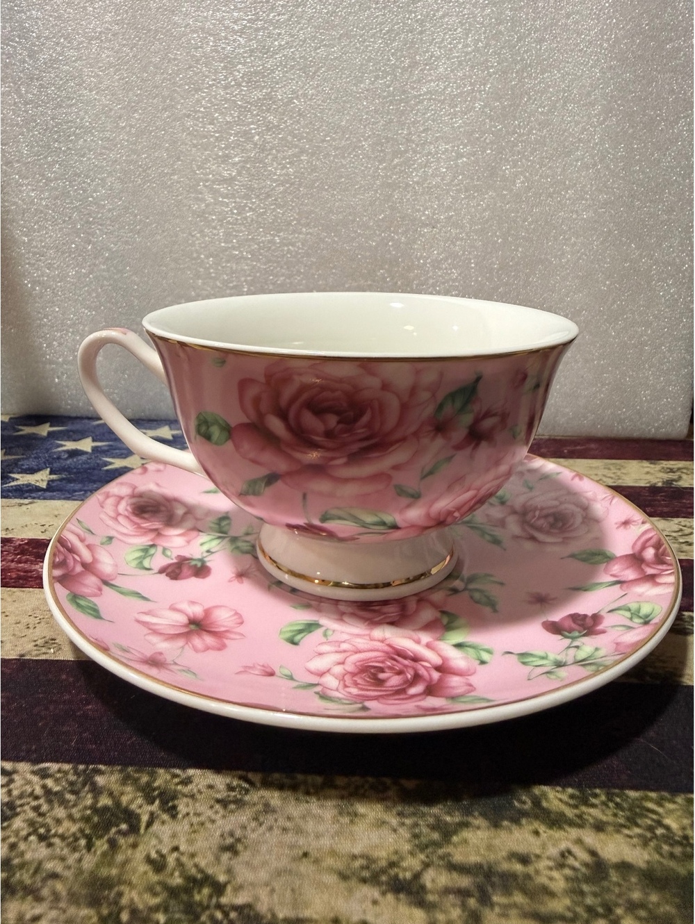 BTaT Brew To A Tea Pink Rose Floral Teacup Saucer Gold Trim Cottagecore